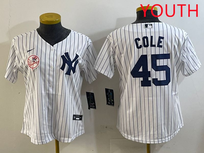 Youth New York Yankees #45 Cole White Stripe Game 2025 Nike MLB Jersey style 8